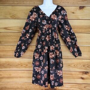 Ophelia Roe Long Sleeve Maxi Dress Womens L Black Floral Polyester V-Neck Ruched